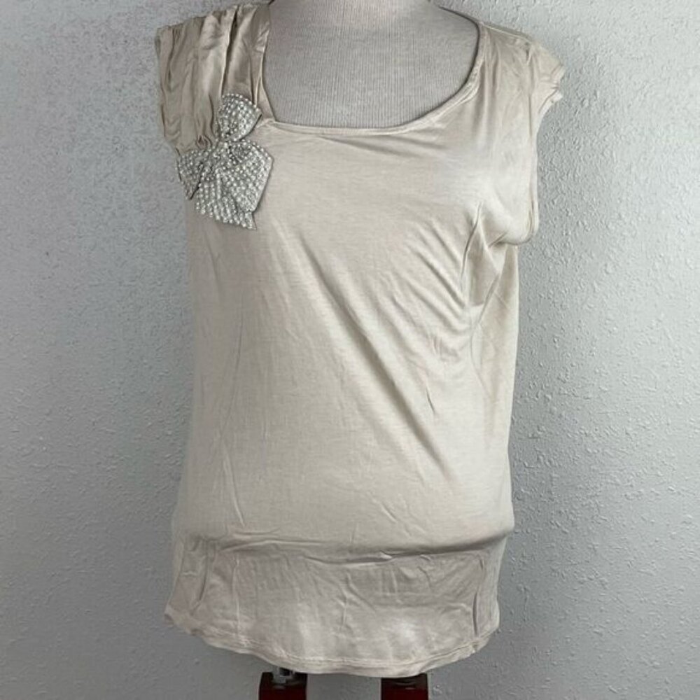 Pre-Loves MNG by Mango Womens Tan Short Sleeve Top with Sequins Bow Size XL